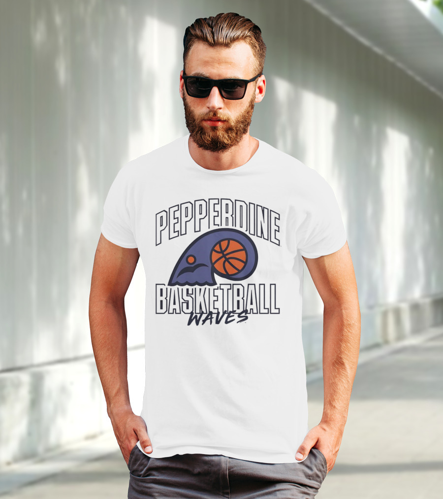 Pepperdine Waves Basketball Logo With Orange Basketball And Wave T-Shirt