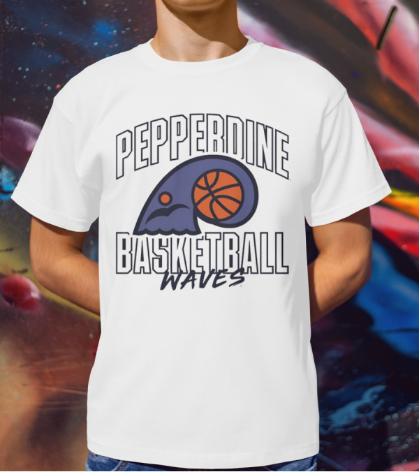 Pepperdine Waves Basketball Logo With Orange Basketball And Wave T-Shirt