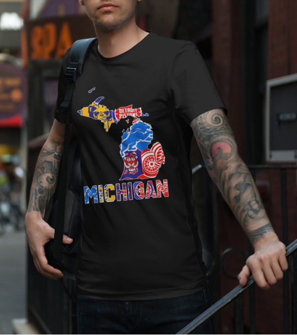 Michigan Sports Teams Logos Map Detroit Pistons Lions Tigers Red Wings T-Shirt