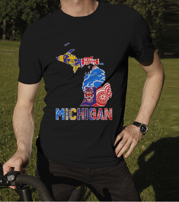 Michigan Sports Teams Logos Map Detroit Pistons Lions Tigers Red Wings T-Shirt