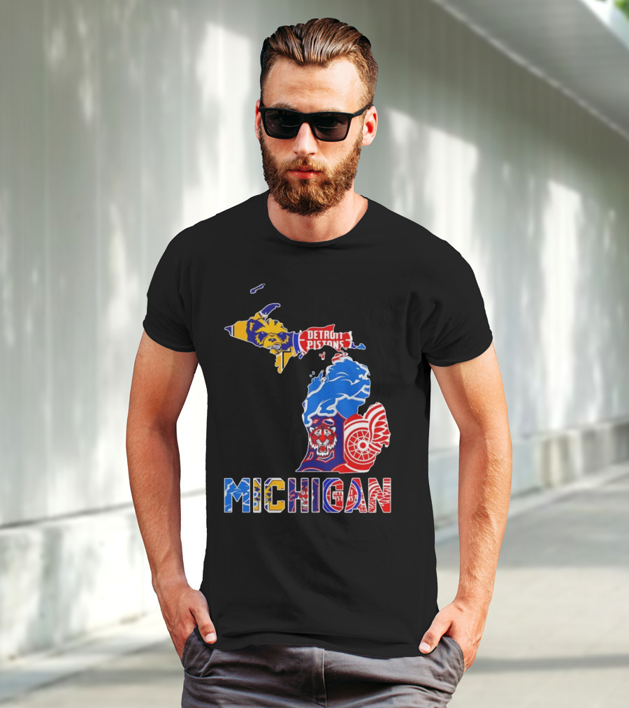 Michigan Sports Teams Logos Map Detroit Pistons Lions Tigers Red Wings T-Shirt