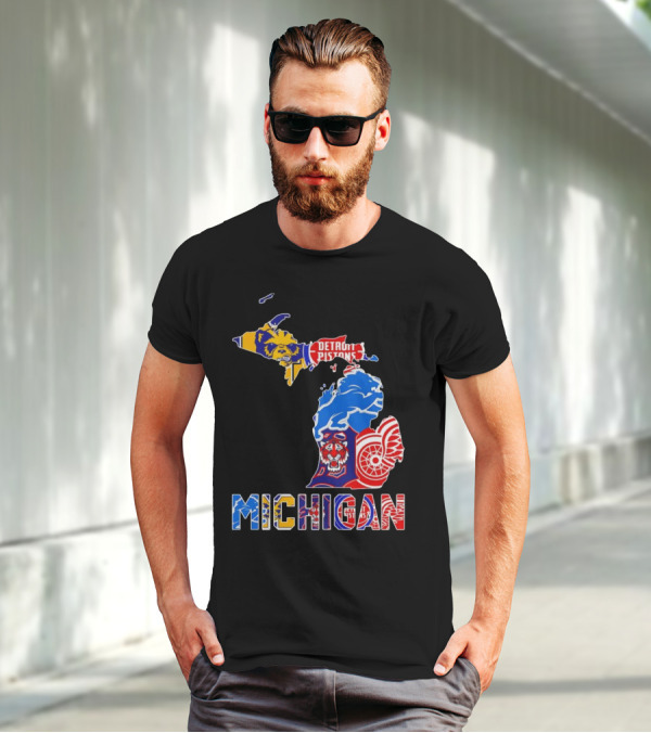 Michigan Sports Teams Logos Map Detroit Pistons Lions Tigers Red Wings T-Shirt