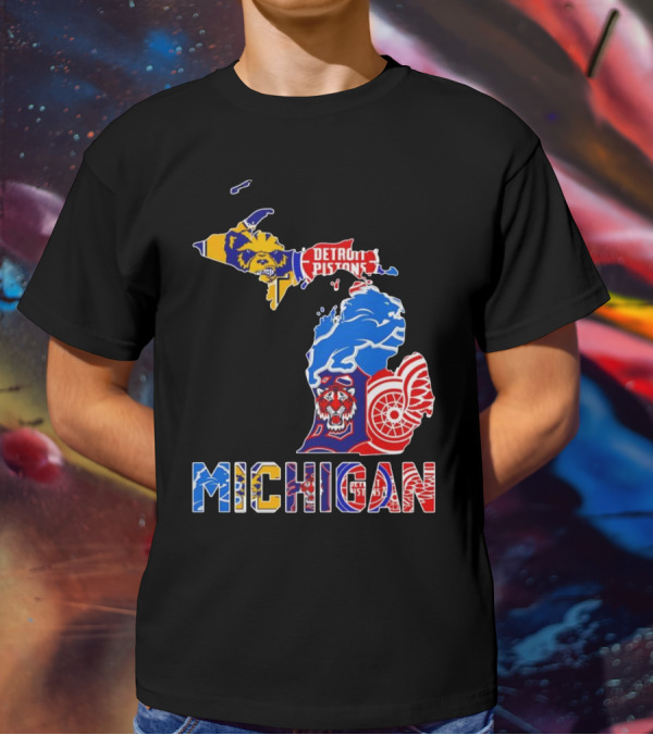 Michigan Sports Teams Logos Map Detroit Pistons Lions Tigers Red Wings T-Shirt
