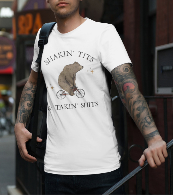 Shakin' Tits Bear Riding Bicycle And Takin' Shits With Stars T-Shirt