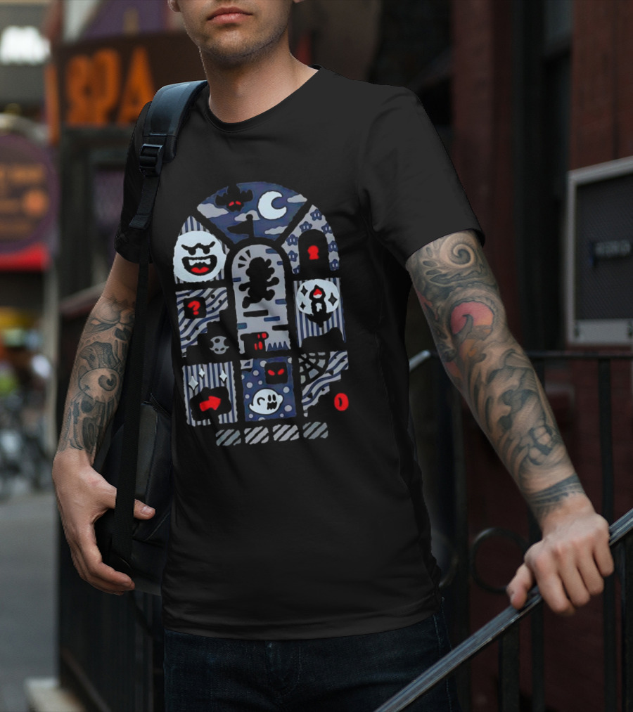Super Mario World Ghost House Scene Elements Featuring Boo, Skull, And Keyhole T-Shirt