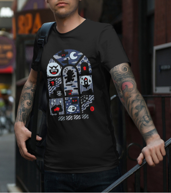 Super Mario World Ghost House Scene Elements Featuring Boo, Skull, And Keyhole T-Shirt