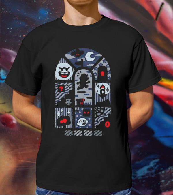 Super Mario World Ghost House Scene Elements Featuring Boo, Skull, And Keyhole T-Shirt