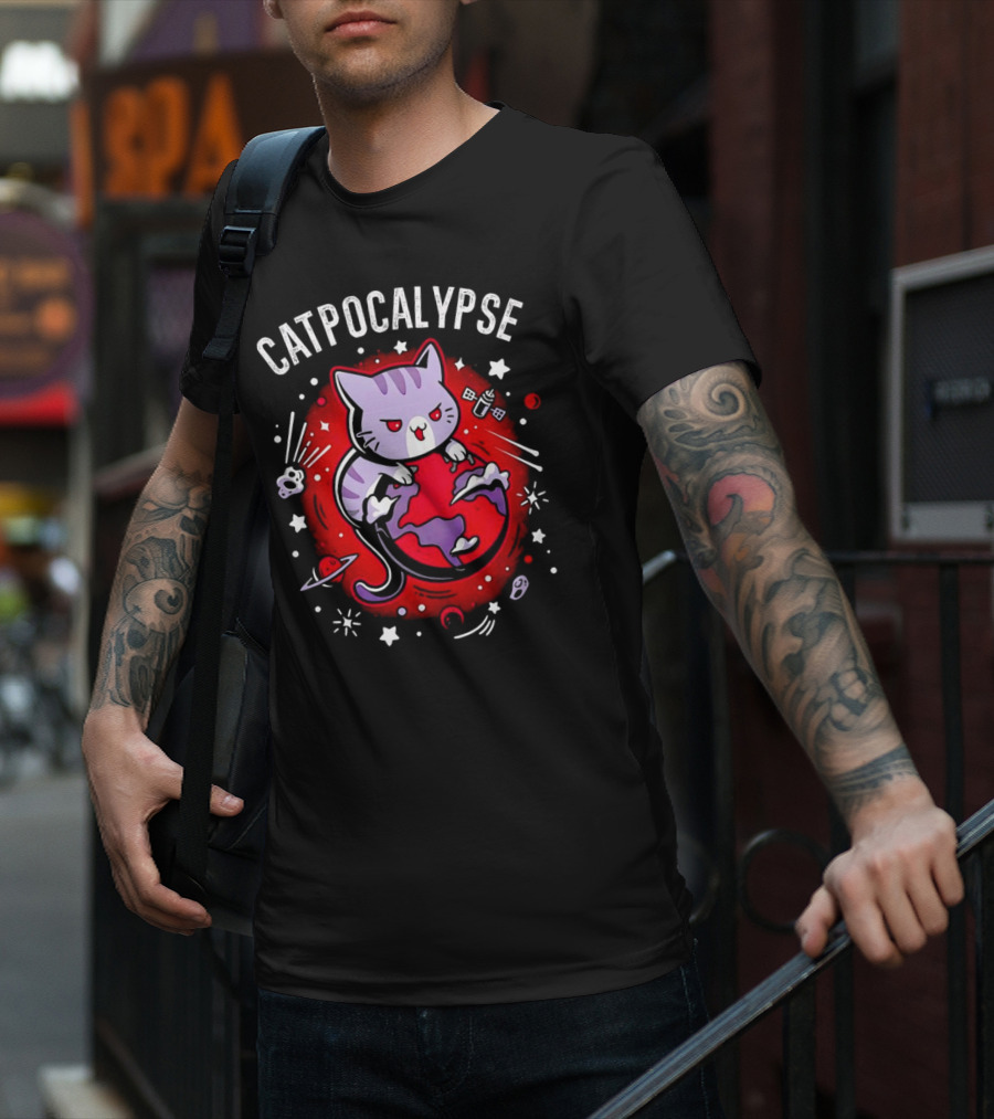 Catpocalypse Cat Battling Earth Amidst Cosmic Chaos T-Shirt