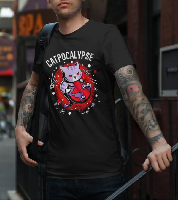 Catpocalypse Cat Battling Earth Amidst Cosmic Chaos T-Shirt