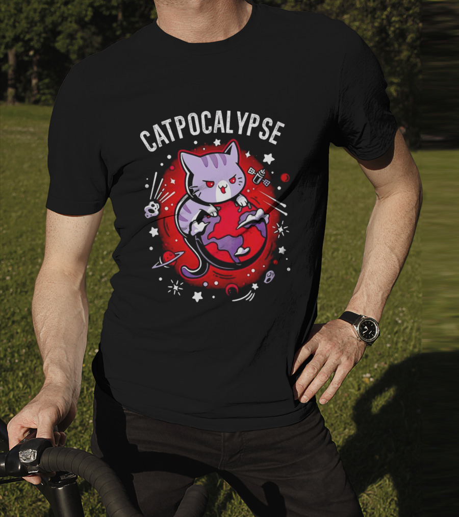Catpocalypse Cat Battling Earth Amidst Cosmic Chaos T-Shirt