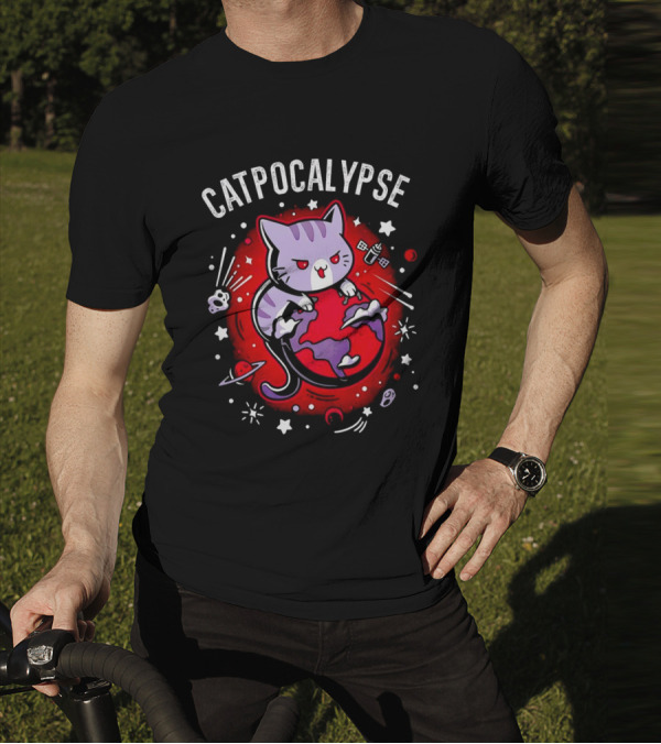 Catpocalypse Cat Battling Earth Amidst Cosmic Chaos T-Shirt