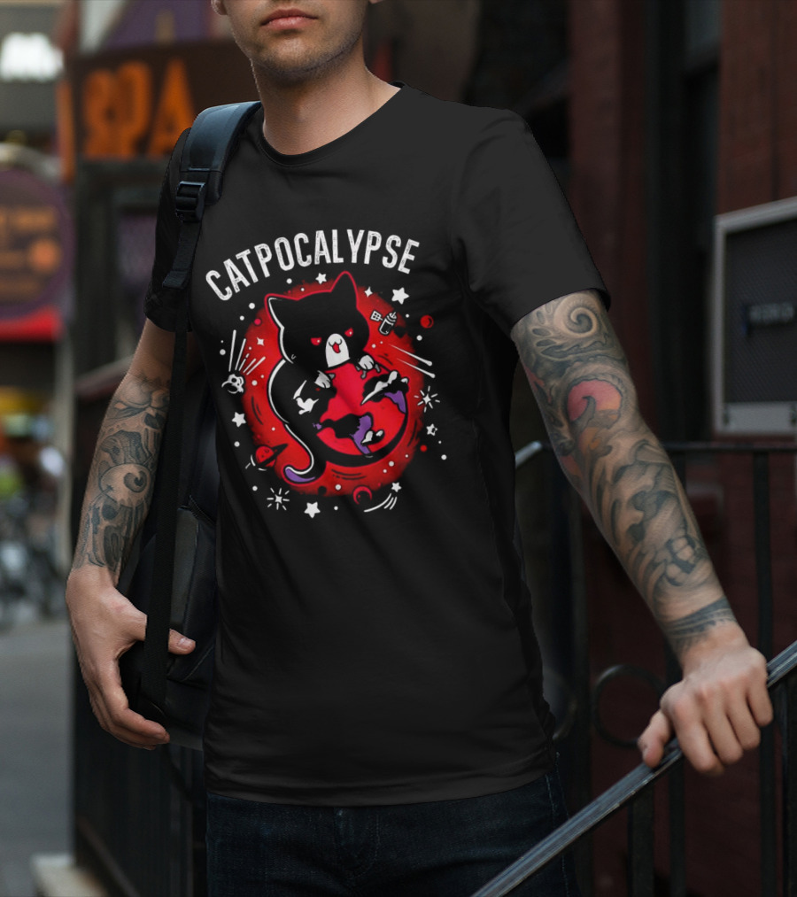 Catpocalypse Red Cat Holding Earth Surrounded By Space Elements T-Shirt
