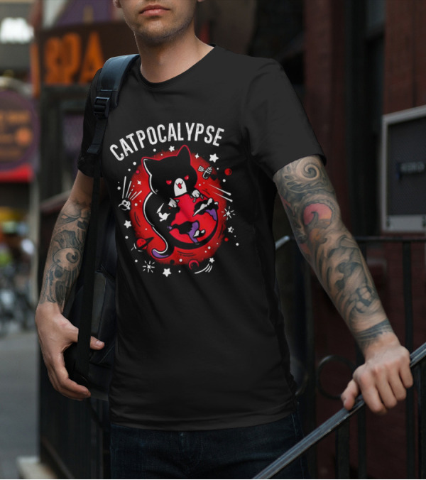 Catpocalypse Red Cat Holding Earth Surrounded By Space Elements T-Shirt