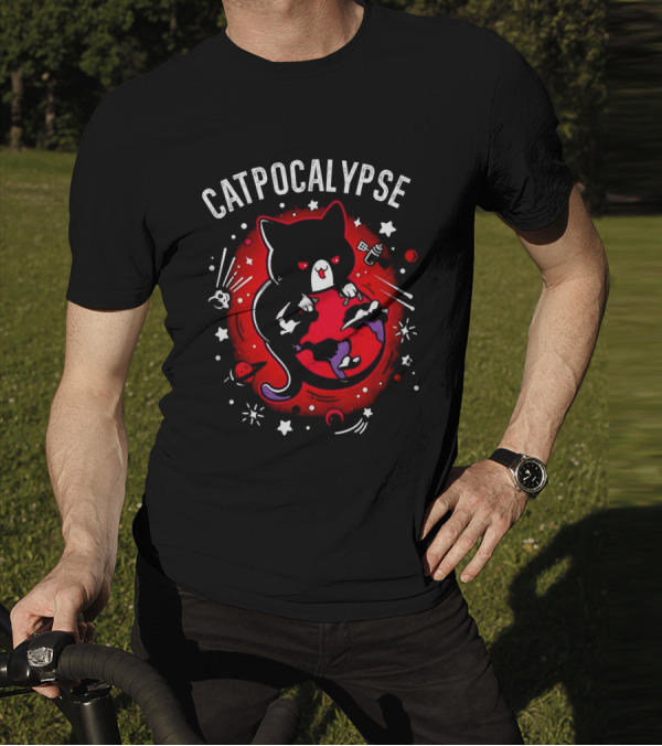 Catpocalypse Red Cat Holding Earth Surrounded By Space Elements T-Shirt