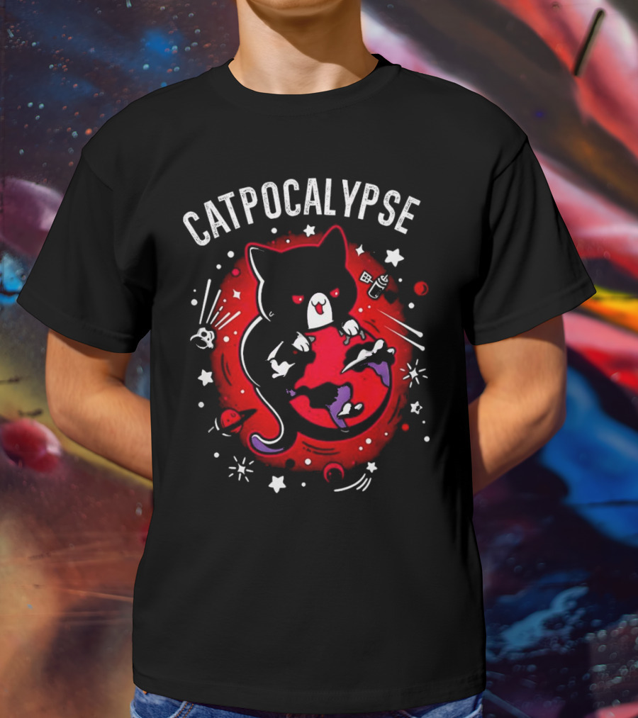 Catpocalypse Red Cat Holding Earth Surrounded By Space Elements T-Shirt