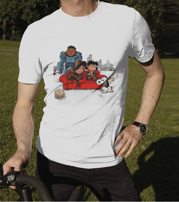Peanuts Characters On Red Couch With Fallout Power Armor In Apocalypse Scene T-Shirt