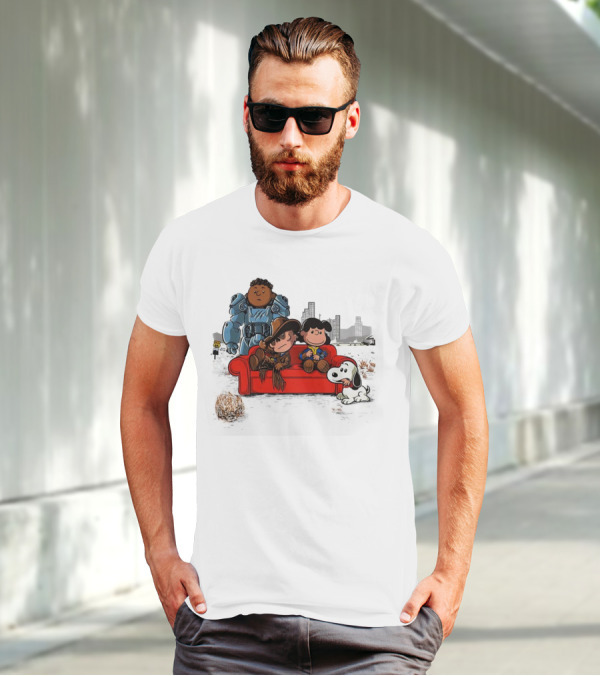 Peanuts Characters On Red Couch With Fallout Power Armor In Apocalypse Scene T-Shirt
