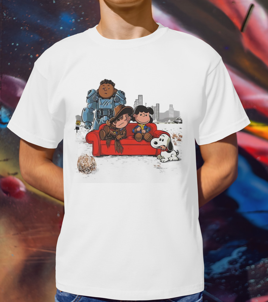 Peanuts Characters On Red Couch With Fallout Power Armor In Apocalypse Scene T-Shirt