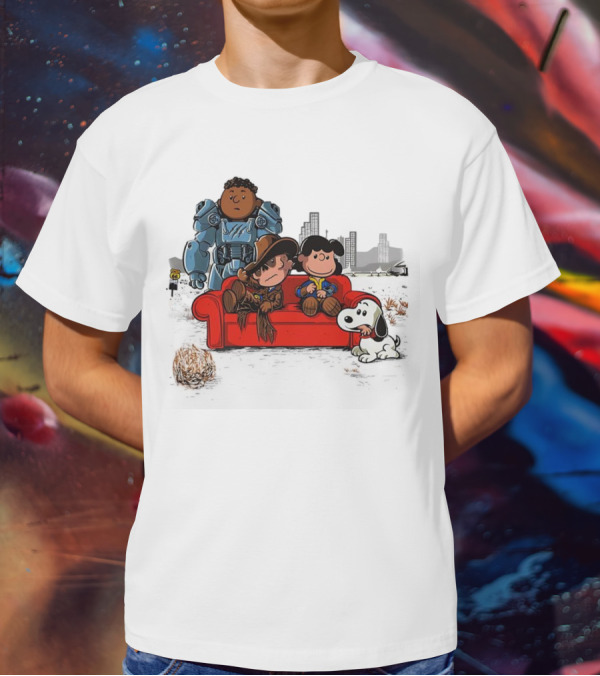 Peanuts Characters On Red Couch With Fallout Power Armor In Apocalypse Scene T-Shirt