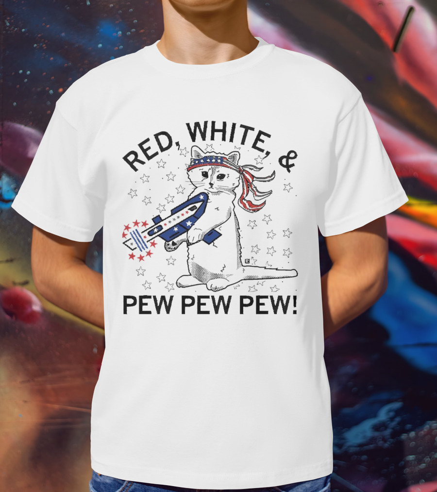 Red White And Pew Pew Pew Cat With Stars And Stripes Headband And Laser Gun T-Shirt