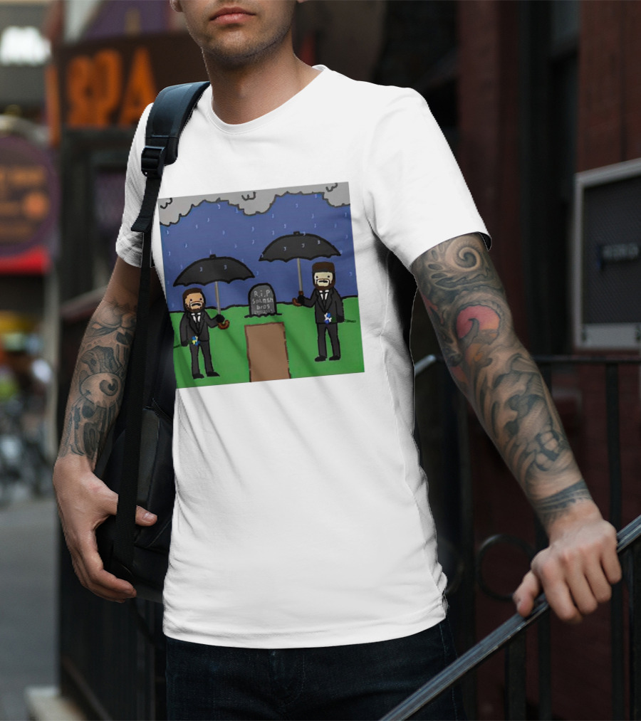 RIP SplashBros Cartoon Memorial With Suited Figures Holding Black Umbrellas T-Shirt