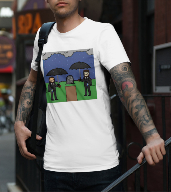 RIP SplashBros Cartoon Memorial With Suited Figures Holding Black Umbrellas T-Shirt