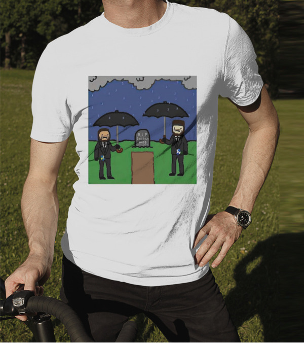 RIP SplashBros Cartoon Memorial With Suited Figures Holding Black Umbrellas T-Shirt