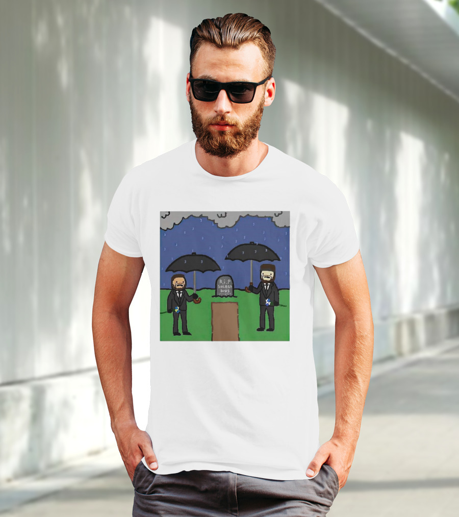 RIP SplashBros Cartoon Memorial With Suited Figures Holding Black Umbrellas T-Shirt