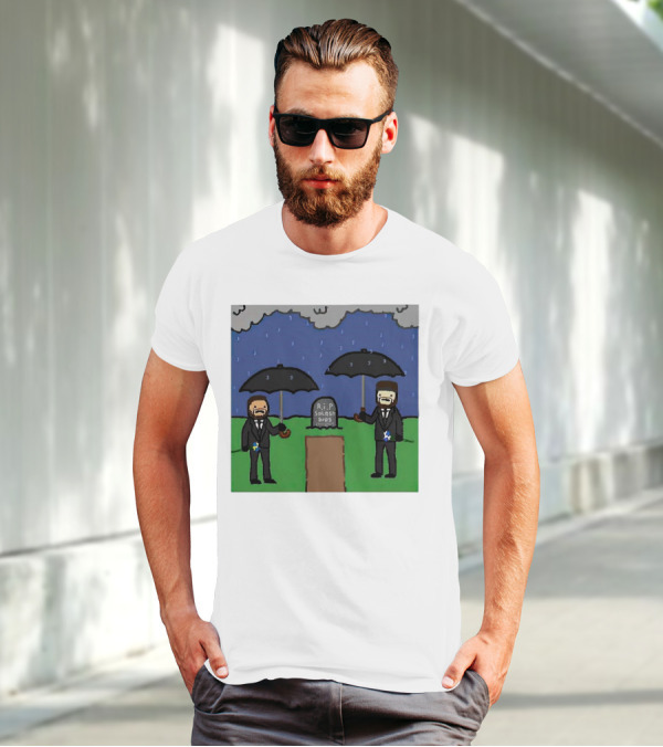 RIP SplashBros Cartoon Memorial With Suited Figures Holding Black Umbrellas T-Shirt