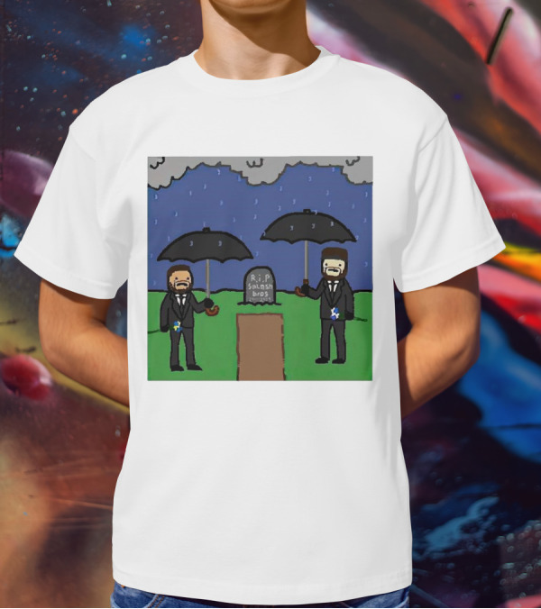 RIP SplashBros Cartoon Memorial With Suited Figures Holding Black Umbrellas T-Shirt