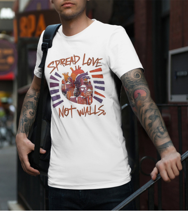 Spread Love Not Walls Cityscape Heart Crown Sunset T-Shirt