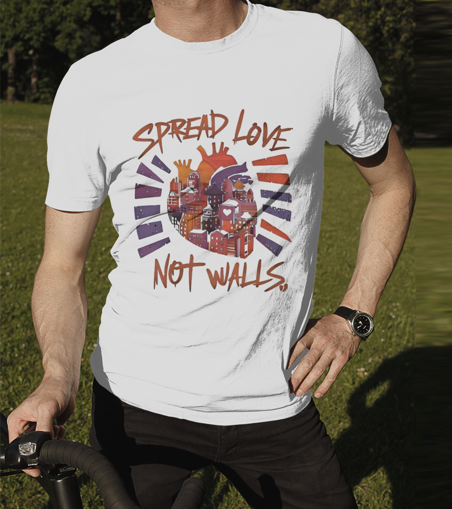 Spread Love Not Walls Cityscape Heart Crown Sunset T-Shirt