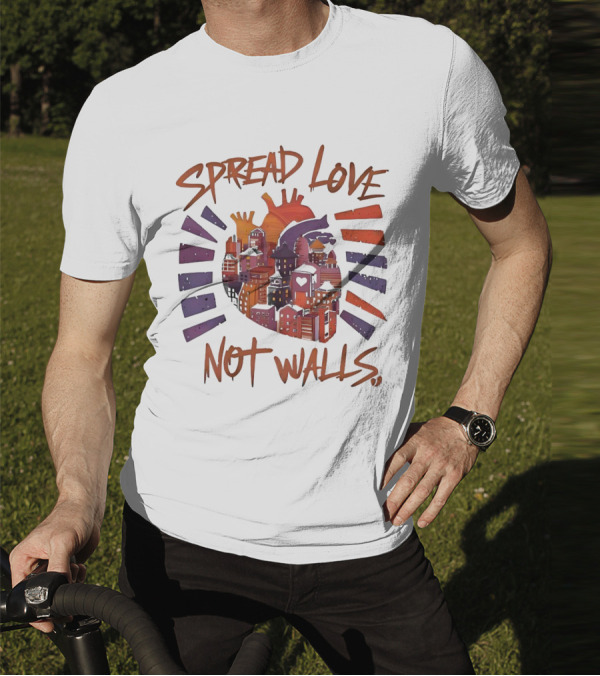 Spread Love Not Walls Cityscape Heart Crown Sunset T-Shirt