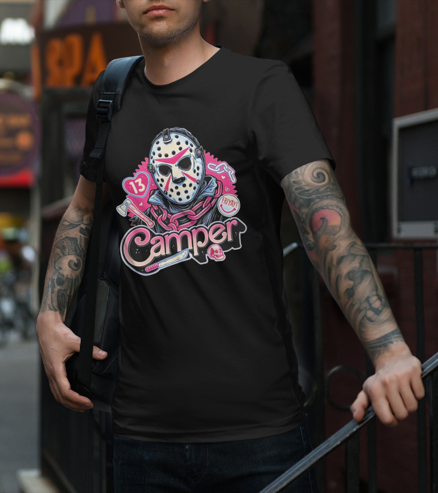 Camper 13 Jason Voorhees Mask And Chains With Ax And Knife Friyay Hearts T-Shirt