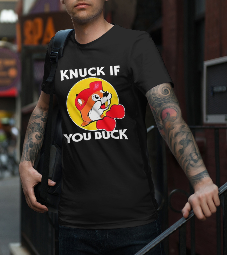 Knuck If You Buck Buc Ees Logo Red Cap Yellow Circle Boxing Gloves T-Shirt