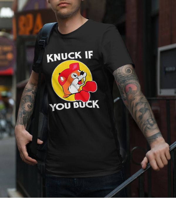 Knuck If You Buck Buc Ees Logo Red Cap Yellow Circle Boxing Gloves T-Shirt