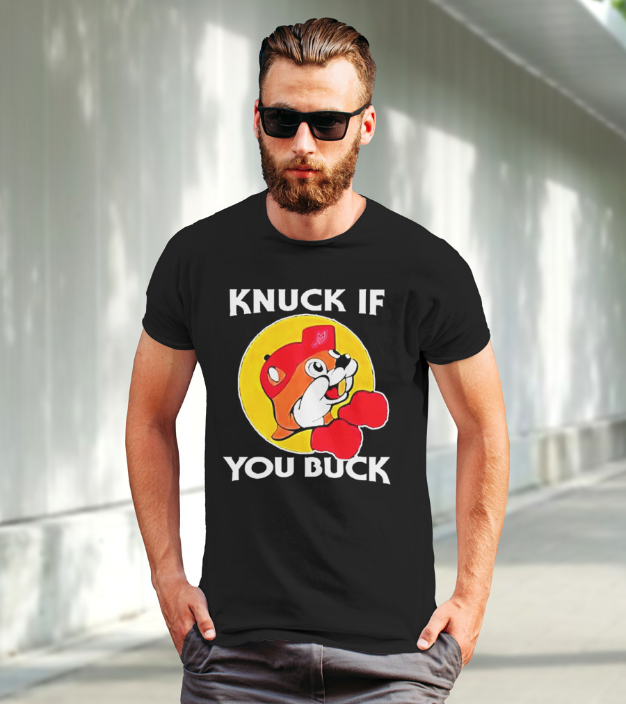 Knuck If You Buck Buc Ees Logo Red Cap Yellow Circle Boxing Gloves T-Shirt