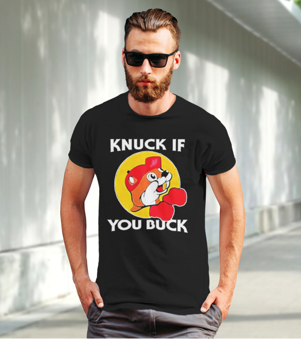 Knuck If You Buck Buc Ees Logo Red Cap Yellow Circle Boxing Gloves T-Shirt