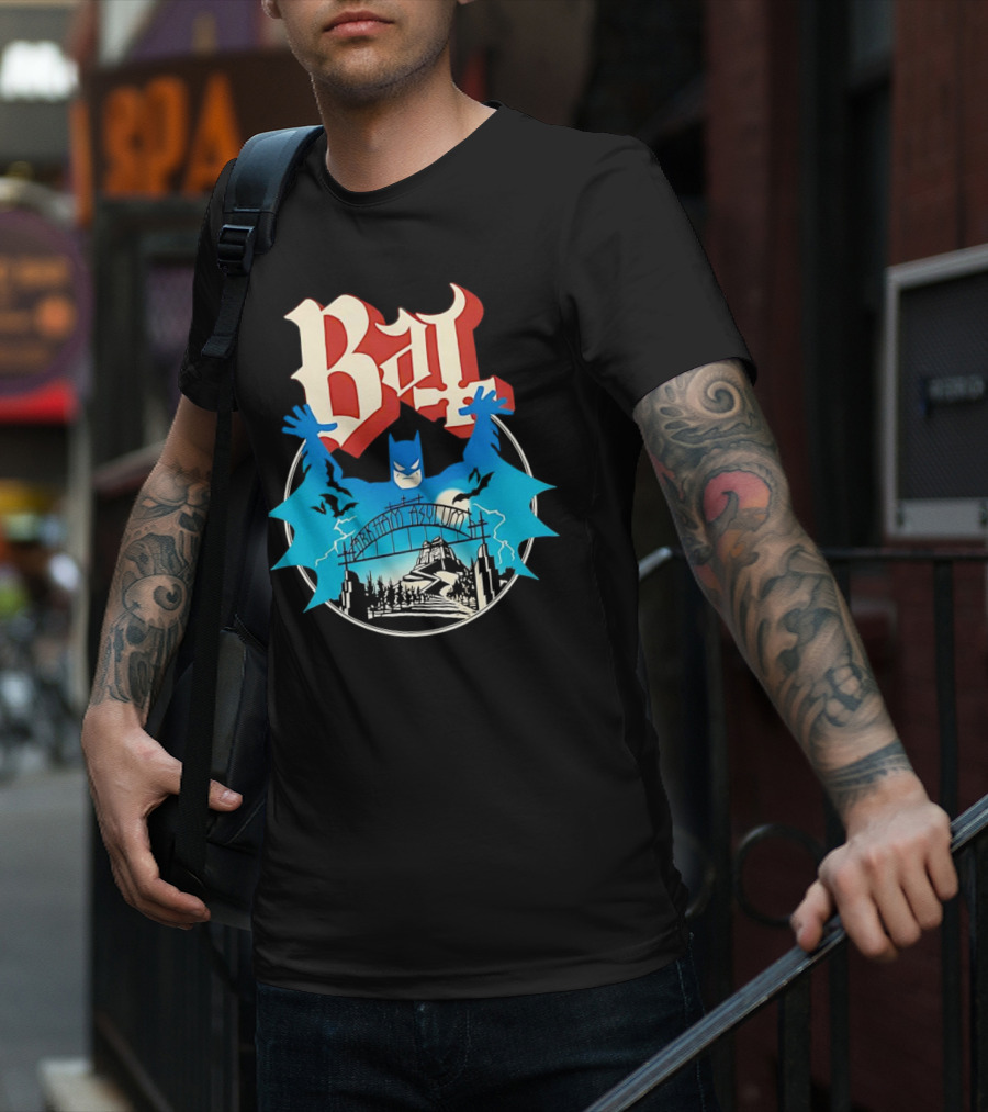 Bat Gotham Asylum Blue Bat Symbol And Red Gothic Font T-Shirt
