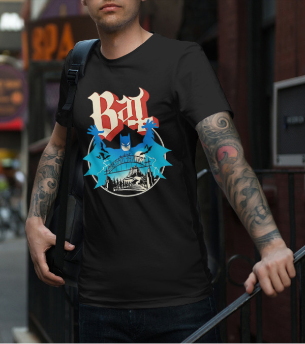 Bat Gotham Asylum Blue Bat Symbol And Red Gothic Font T-Shirt
