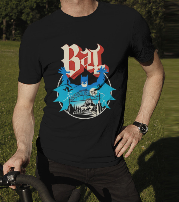 Bat Gotham Asylum Blue Bat Symbol And Red Gothic Font T-Shirt