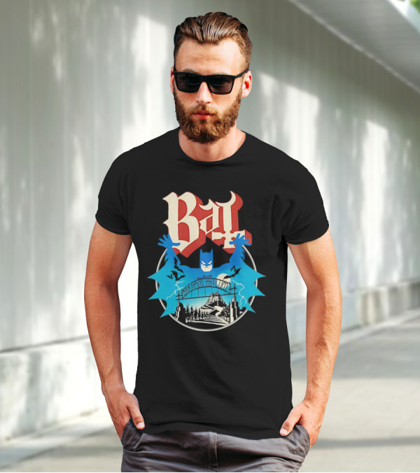 Bat Gotham Asylum Blue Bat Symbol And Red Gothic Font T-Shirt