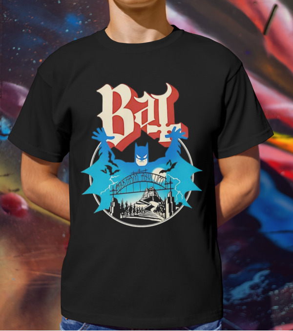 Bat Gotham Asylum Blue Bat Symbol And Red Gothic Font T-Shirt