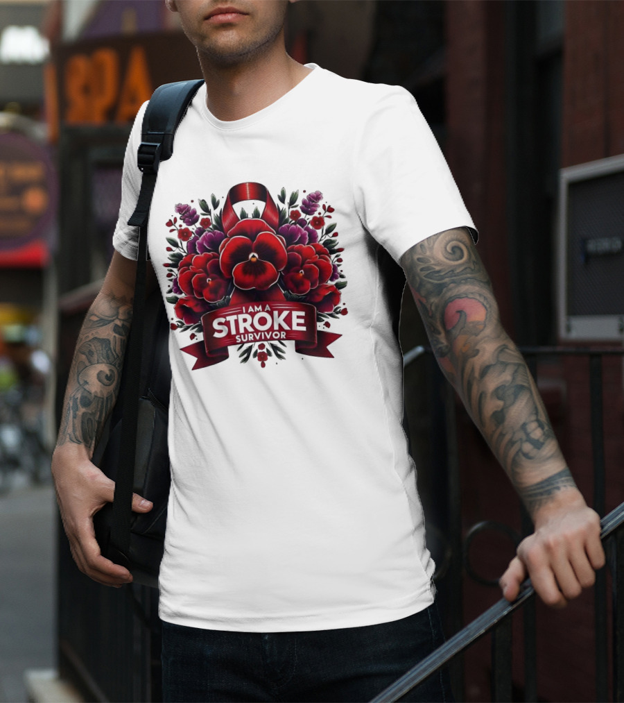 I Am A Stroke Survivor Red Ribbon And Floral Bouquet T-Shirt