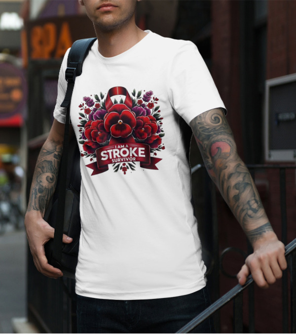 I Am A Stroke Survivor Red Ribbon And Floral Bouquet T-Shirt