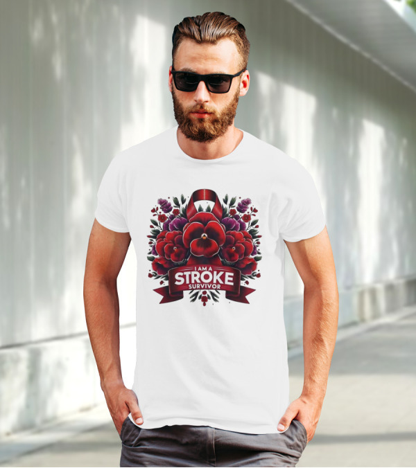 I Am A Stroke Survivor Red Ribbon And Floral Bouquet T-Shirt