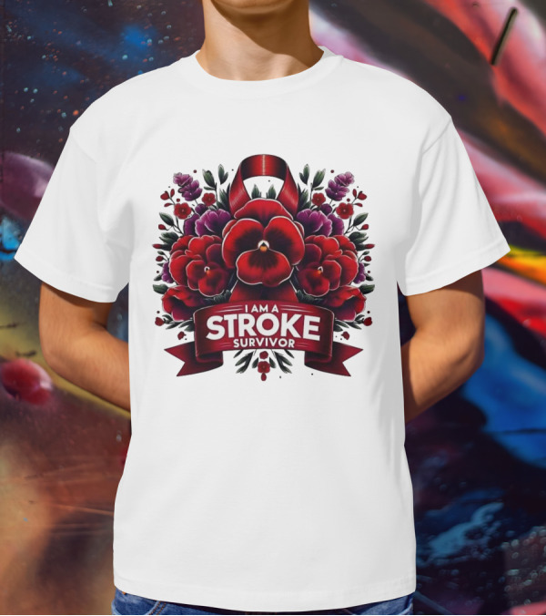 I Am A Stroke Survivor Red Ribbon And Floral Bouquet T-Shirt