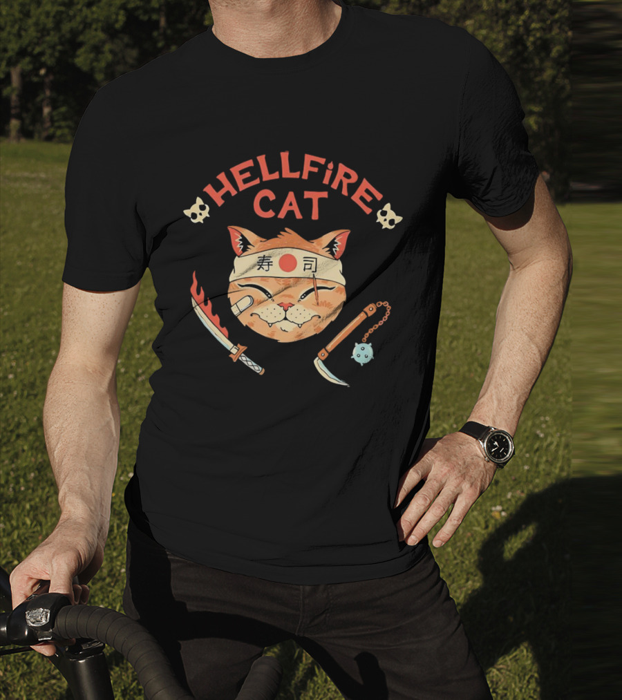 Hellfire Cat Sushi Samurai With Nunchaku And Flaming Sword T-Shirt