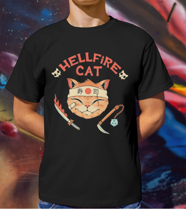 Hellfire Cat Sushi Samurai With Nunchaku And Flaming Sword T-Shirt