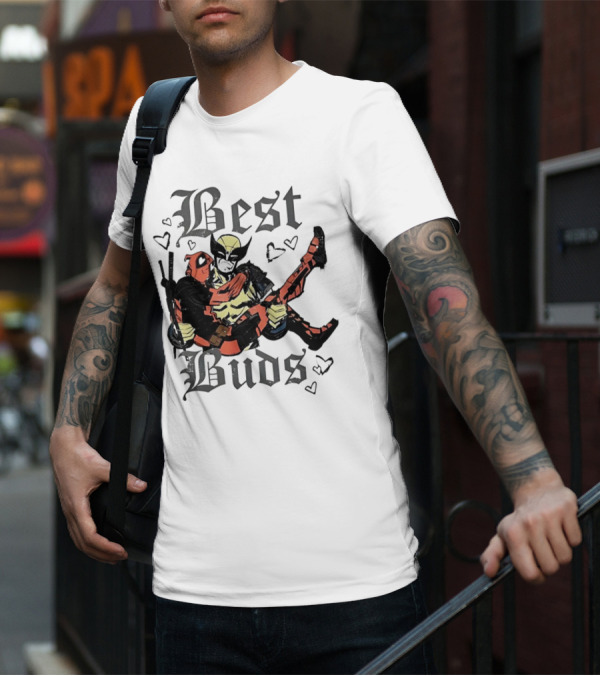 Best Buds Wolverine Carrying Deadpool With Hearts T-Shirt